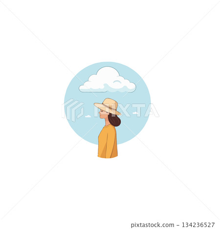 Ethereal serenity: Portrait of a woman with a hat beneath a serene sky and clouds captures Ethereal serenity: Portrait of a woman with a hat beneath a serene sky and clouds captures 134236527
