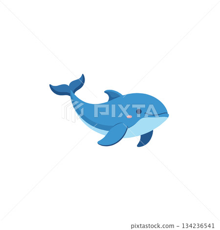Whimsical illustration of a cheerful cartoon dolphin swimming gracefully in clear blue water 134236541