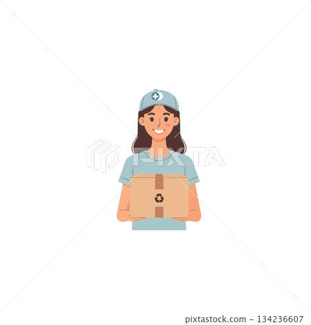 Smiling woman delivering package showcases efficient service with modern courier solutions Smiling woman delivering package showcases efficient service with modern courier solutions 134236607