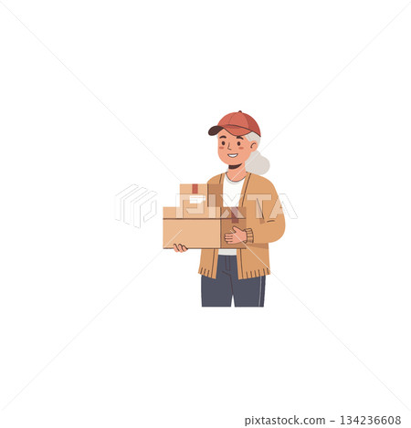 Senior woman with gray hair delivers cardboard boxes wearing red baseball cap and jacket in Senior woman with gray hair delivers cardboard boxes wearing red baseball cap and jacket in 134236608