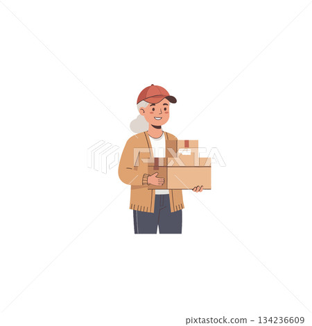 Gracious mature woman cheerfully delivering package with care and a warm smile representing Gracious mature woman cheerfully delivering package with care and a warm smile representing 134236609