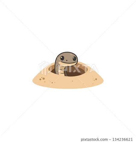 Cartoon snake emerges from a sandy burrow looking adorable and friendly in a minimalist scene on a 134236621