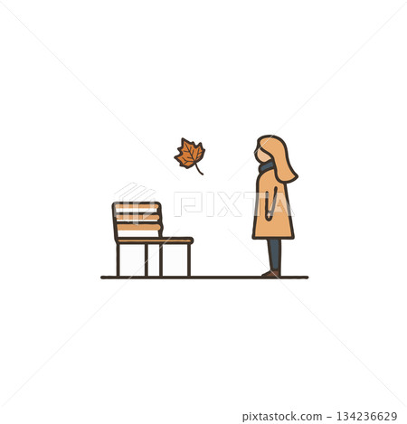 Solitary figure contemplating autumnal leaf by empty park bench evokes pensive atmosphere and Solitary figure contemplating autumnal leaf by empty park bench evokes pensive atmosphere and 134236629