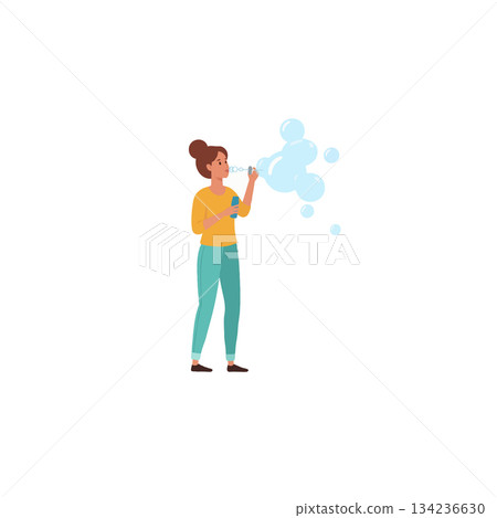 Whimsical cartoon woman blowing playful bubbles carefree enjoyment expressing joy and delight in 134236630