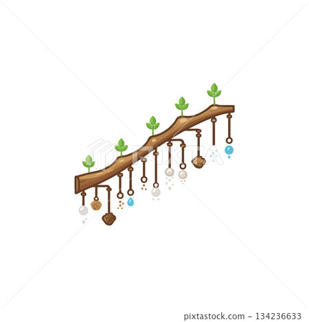 Symbolic illustration of life cycle with sprouts, water droplets, and dried earth hanging from a Symbolic illustration of life cycle with sprouts, water droplets, and dried earth hanging from a 134236633