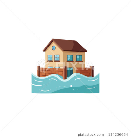 House in flood water with fence illustration depicts climate change impact and natural calamity House in flood water with fence illustration depicts climate change impact and natural calamity 134236634