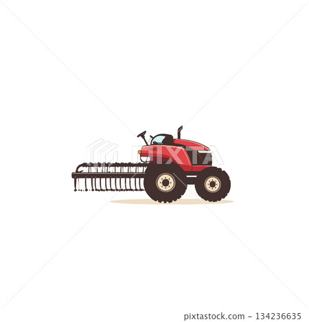 Red tractor with farm equipment illustration symbolizing agriculture technology and rural farming Red tractor with farm equipment illustration symbolizing agriculture technology and rural farming 134236635