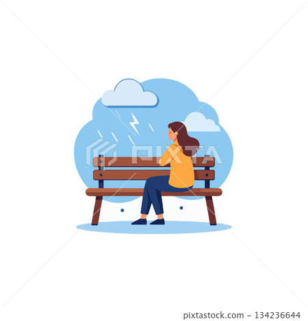 A woman contemplates life on park bench during a cloudy day reflecting inner turmoil and A woman contemplates life on park bench during a cloudy day reflecting inner turmoil and 134236644