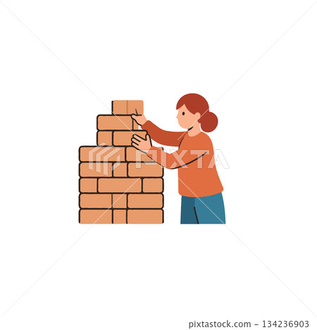 Constructing success: A young woman meticulously builds a brick wall, symbolising creation and Constructing success: A young woman meticulously builds a brick wall, symbolising creation and 134236903