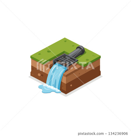 Isometric representation of urban drainage system showcasing water flow through landscape element Isometric representation of urban drainage system showcasing water flow through landscape element 134236906