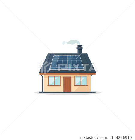 Illustration representing an eco-friendly home with solar panels emphasizing sustainable energy, 134236910