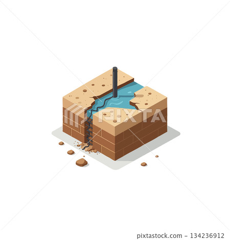 Isometric depiction showcasing soil composition and hydrological processes affecting underground 134236912