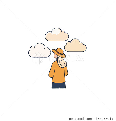 Illustration of pensive woman under clouds, evoking dreams, reflections, hope and aspirations in Illustration of pensive woman under clouds, evoking dreams, reflections, hope and aspirations in 134236914