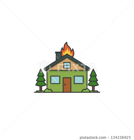 Illustration depicting a house engulfed in flames symbolizes property risk and unexpected Illustration depicting a house engulfed in flames symbolizes property risk and unexpected 134236925