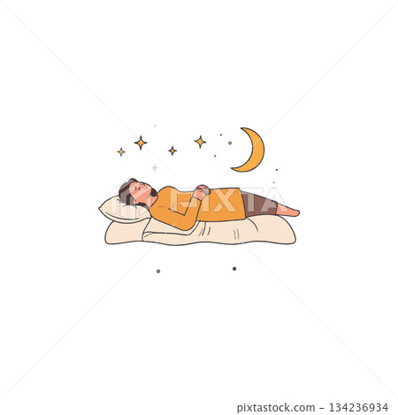 Serene slumber beneath celestial stars woman finds peaceful rest under moonlight and twinkling Serene slumber beneath celestial stars woman finds peaceful rest under moonlight and twinkling 134236934