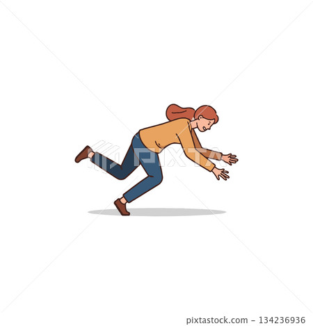An illustration shows a woman in the moment of losing balance and falling down on the floor in An illustration shows a woman in the moment of losing balance and falling down on the floor in 134236936