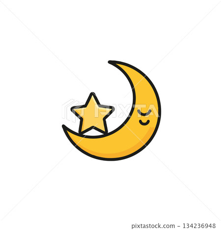 A luminous crescent moon embraces a shining star in the quiet darkness of the night sky for sweet A luminous crescent moon embraces a shining star in the quiet darkness of the night sky for sweet 134236948