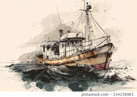 Ink Sketch of an Old Boat Sailing Through Turbulent Waves at Sunset Generative AI 134236961