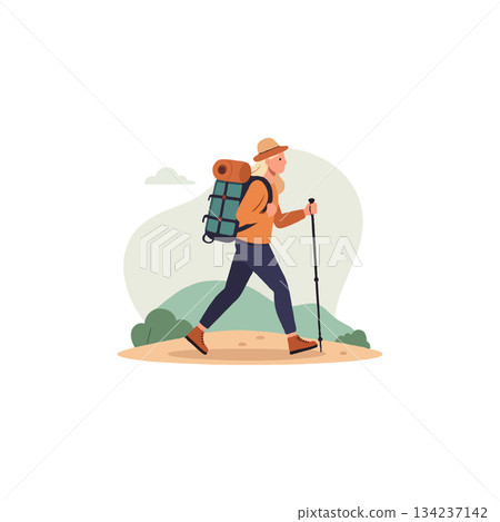 Female solo hiker exploring mountain trail adventure with backpack enjoying outdoors experience 134237142