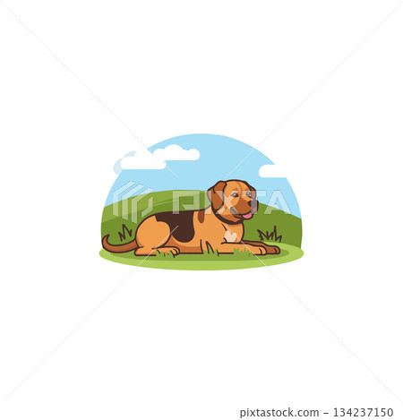 A relaxed cartoon dog lies in a grassy field under a clear blue sky with fluffy clouds its calm A relaxed cartoon dog lies in a grassy field under a clear blue sky with fluffy clouds its calm 134237150
