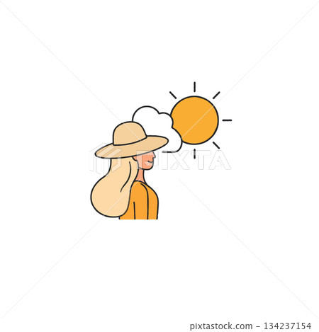 Woman under sun with cloud contemplating sunny day seeking peaceful environment enjoying warm Woman under sun with cloud contemplating sunny day seeking peaceful environment enjoying warm 134237154