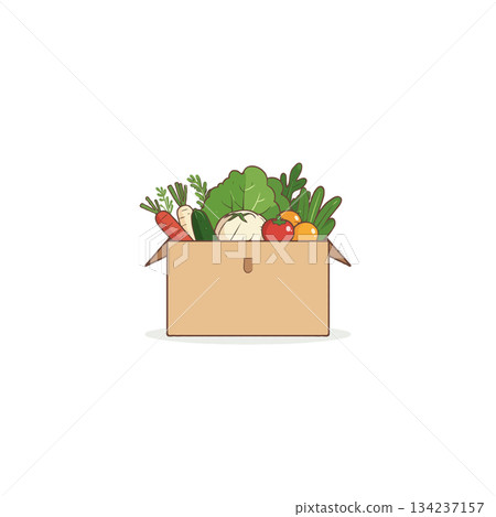 Fresh produce delivery service presents a cardboard box overflowing with healthy organic Fresh produce delivery service presents a cardboard box overflowing with healthy organic 134237157