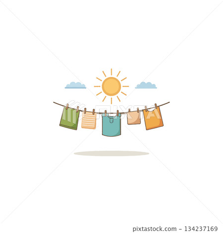 A whimsical laundry day illustration showcasing colorful garments drying in bright sunlight 134237169