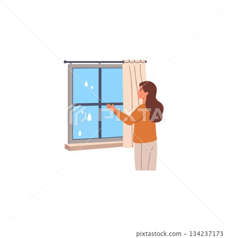 Melancholy window scene featuring a woman feeling the gentle rain reflecting on the glass feeling 134237173