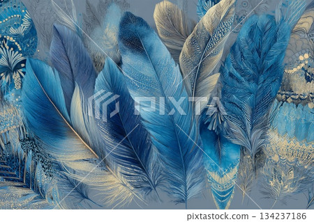 Ornamental Sketch of Exquisite Blue Feathers Creating a Mesmerizing Display Generative AI 134237186