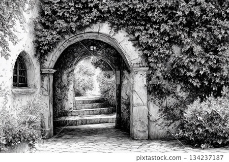 Mediterranean Archway Adorned With Lush Vines Invites Wanderers Into Tranquility Generative AI 134237187