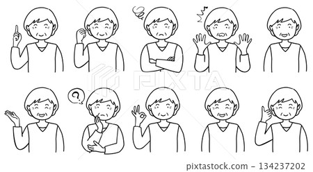 Illustration set of posing elderly women Line drawing 134237202