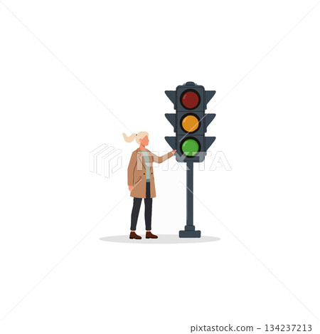 Conceptual portrayal of a woman interacting with traffic lights emphasizing urban infrastructure Conceptual portrayal of a woman interacting with traffic lights emphasizing urban infrastructure 134237213