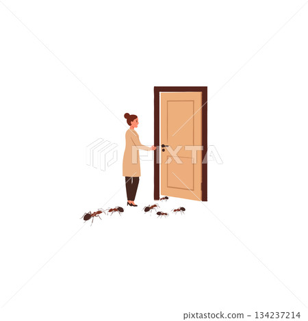 Woman approaching a door as ants surround the threshold an enigmatic confrontation unfolding in Woman approaching a door as ants surround the threshold an enigmatic confrontation unfolding in 134237214