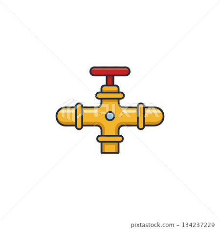 Stylized depiction of a plumbing fixture, with red handle, yellow valve body and pipe sections in Stylized depiction of a plumbing fixture, with red handle, yellow valve body and pipe sections in 134237229