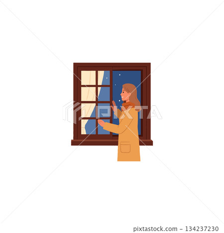 Pensive female figure contemplating celestial bodies from the comforting interior under night's 134237230