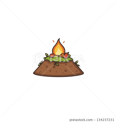 Stylized illustration featuring a cartoonish campfire on a small grassy mound creating whimsical 134237231