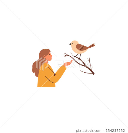 A girl offers her hand to a perched bird in an illustration of connection and simple nature A girl offers her hand to a perched bird in an illustration of connection and simple nature 134237232