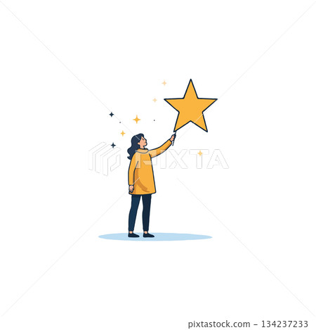Illustration of ambitious young woman reaching for a golden star symbolizing achievement and 134237233