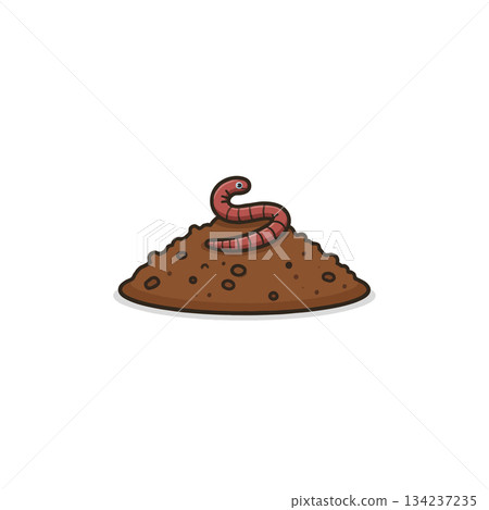 Cartoon earthworm crawling on small mound of soil creates compost and improving soil aeration 134237235