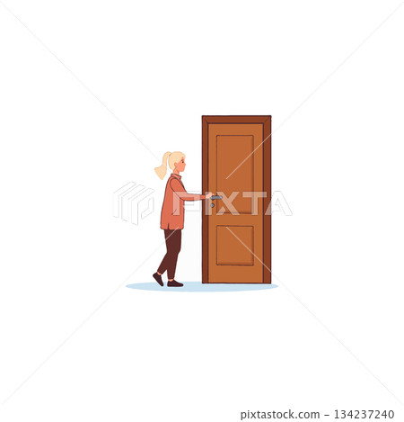Woman approaching the closed wooden door in a minimalist interior cartoon illustration simple 134237240
