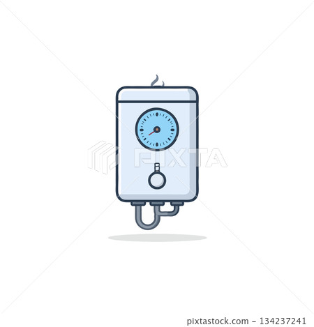 Minimalist representation of a domestic water heater with pressure gauge against a plain 134237241