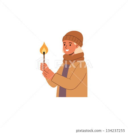 Cartoon illustration of a woman holding a lit match providing light warmth safety and comfort Cartoon illustration of a woman holding a lit match providing light warmth safety and comfort 134237255