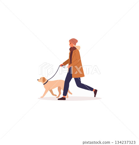 A casual stroll: Woman enjoys outdoor activity with her canine friend on light background in 134237323