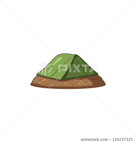 Simple Camping Adventure: A lone green tent perched atop a humble earthen mound beneath the sky 134237325