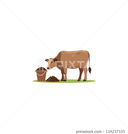 Pastoral Harmony: A serene depiction of a cow grazing contentedly beside a bucket and heap of Pastoral Harmony: A serene depiction of a cow grazing contentedly beside a bucket and heap of 134237335