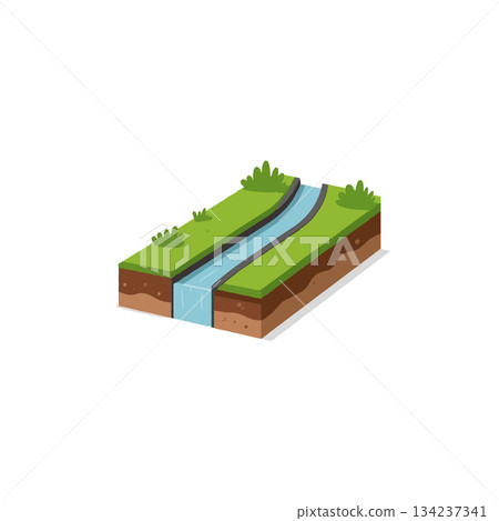 Elevated waterway section showing a clean river running through verdant greenery illustration 134237341