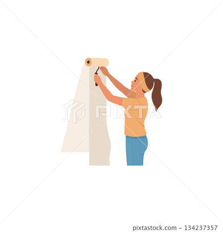 Woman installing wallpaper a visual representation of interior design projects at home and 134237357