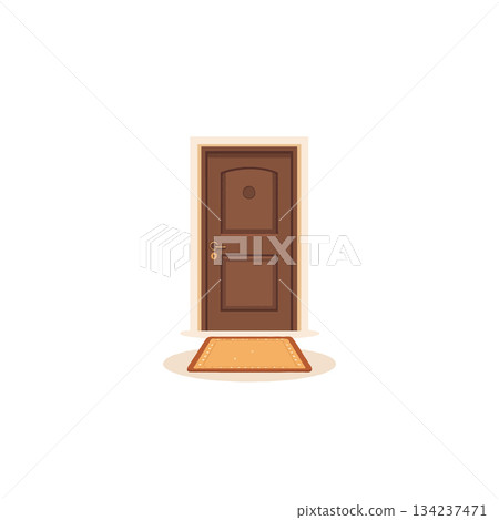 Welcoming entrance invitation with wooden door and cozy doormat inviting new beginnings and Welcoming entrance invitation with wooden door and cozy doormat inviting new beginnings and 134237471