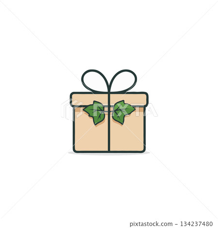 Delicate gift box illustration adorned with ivy leaves and simplistic tied bow design for 134237480
