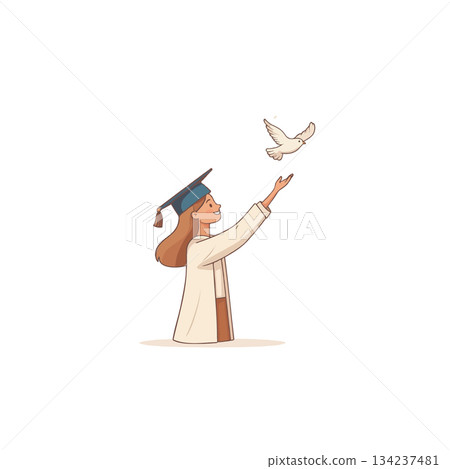 Celebrating graduation with a dove symbolizing freedom and new beginnings for a young woman 134237481